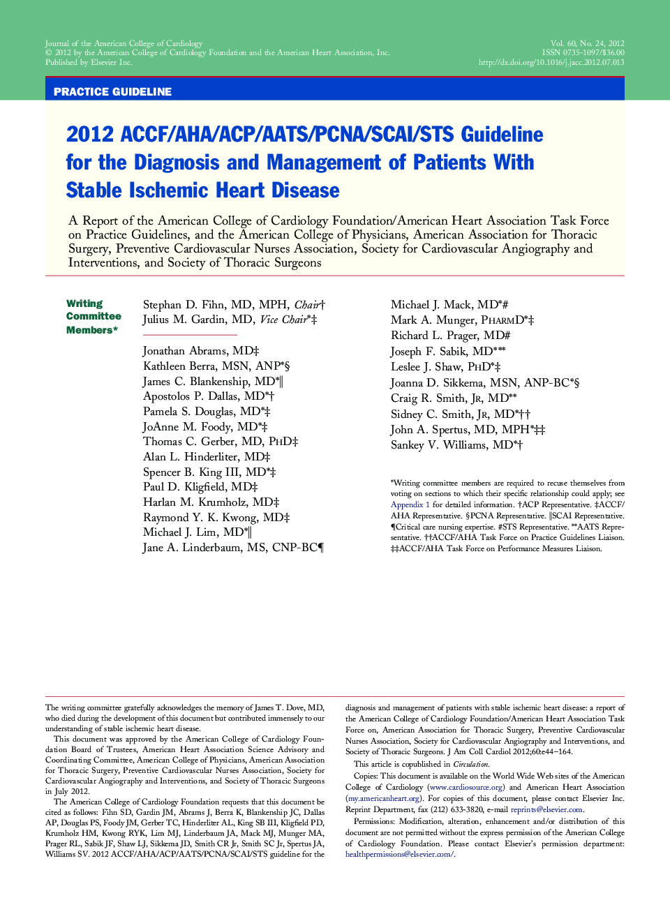 2012 ACCF/AHA/ACP/AATS/PCNA/SCAI/STS Guideline for the Diagnosis and Management of Patients With Stable Ischemic Heart Disease