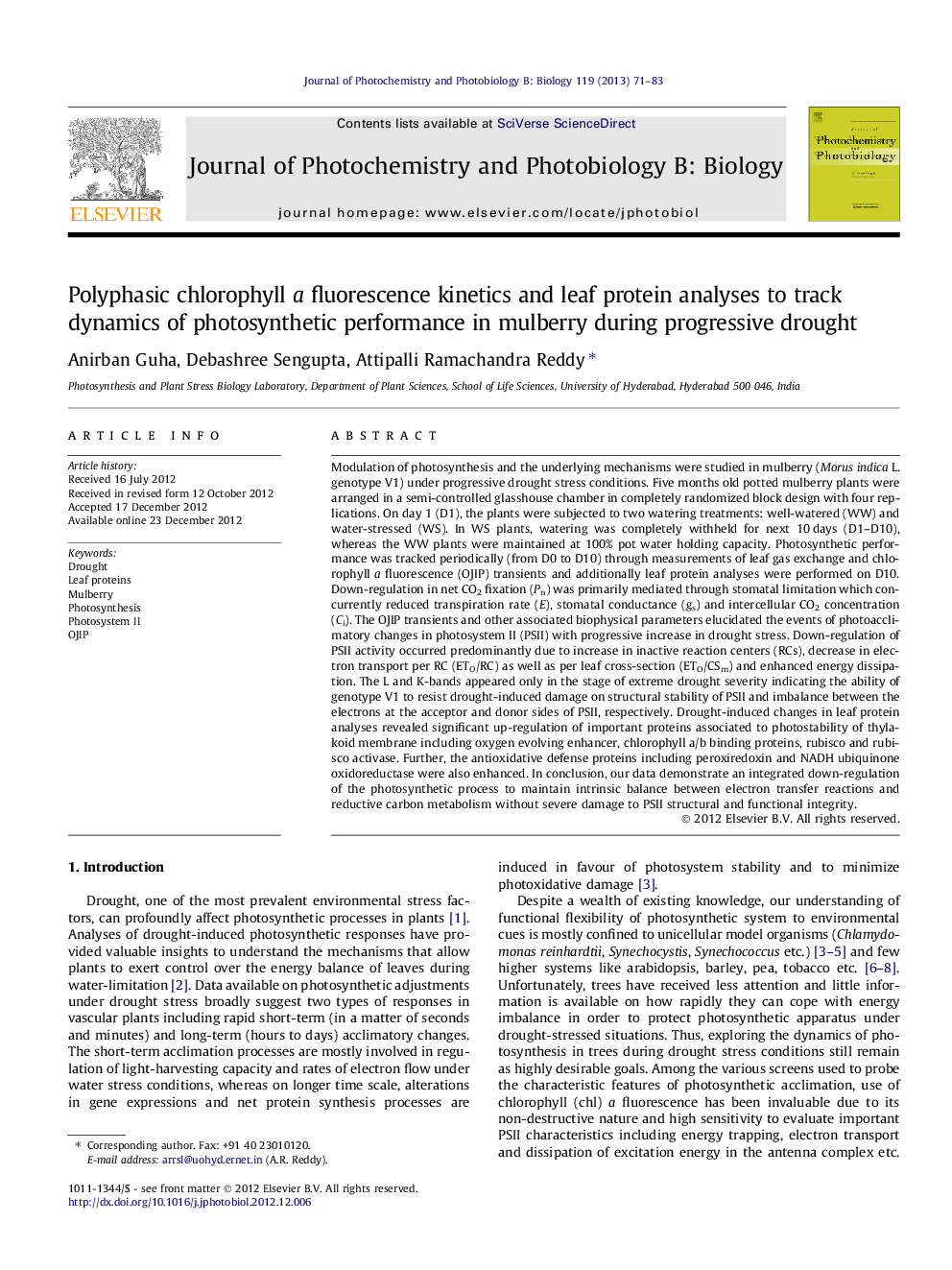 عکس صفحه اول مقاله: Polyphasic chlorophyll a fluorescence kinetics and leaf protein analyses to track dynamics of photosynthetic performance in mulberry during progressive drought Polyphasic chlorophyll a fluorescence kinetics and leaf protein analyses to track dynamics of photosynthetic performance in mulberry during progressive drought