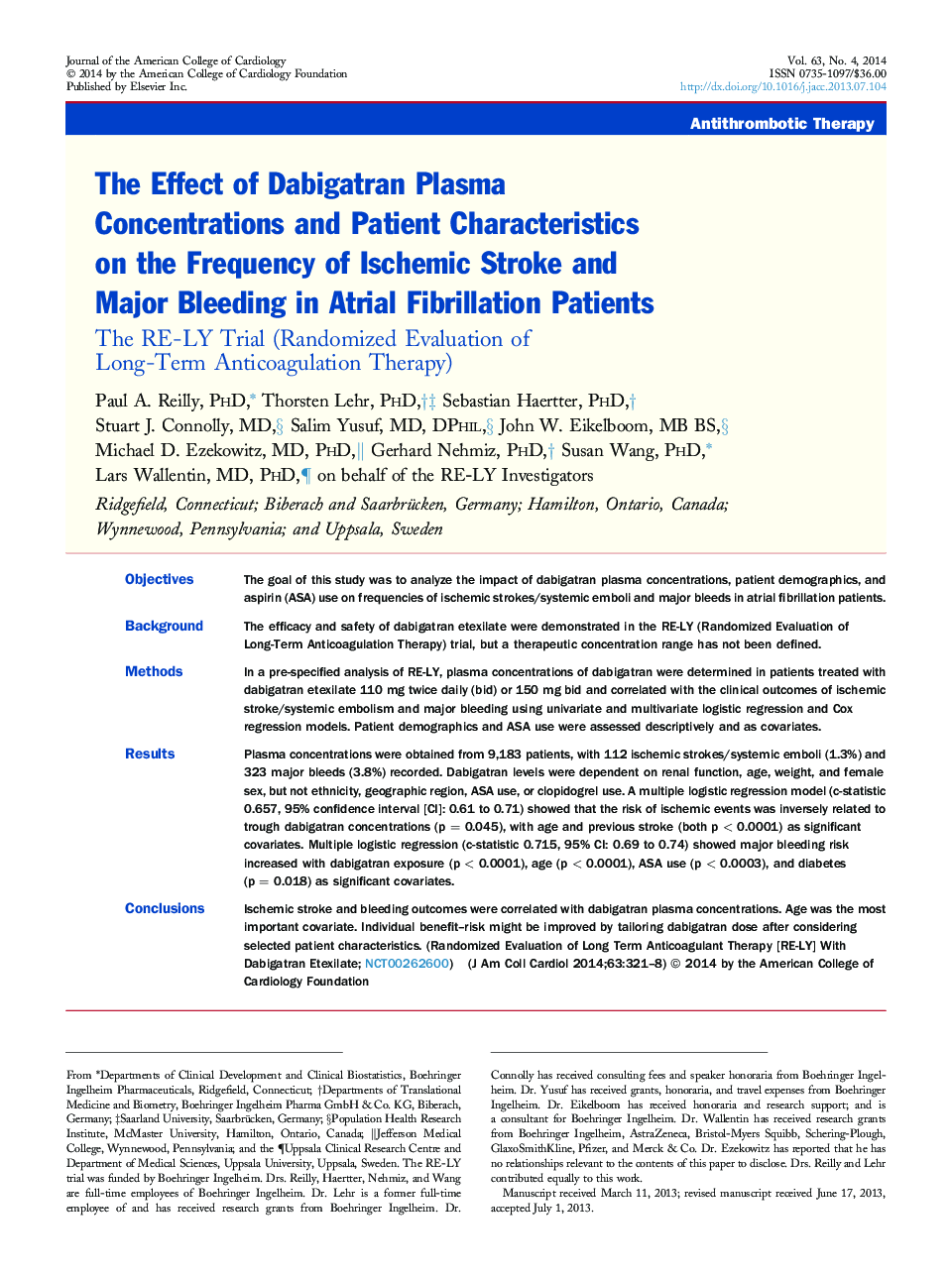 The Effect of Dabigatran Plasma Concentrations and Patient Characteristics on the Frequency of Ischemic Stroke and Major Bleeding in Atrial Fibrillation Patients : The RE-LY Trial (Randomized Evaluation of Long-Term Anticoagulation Therapy)