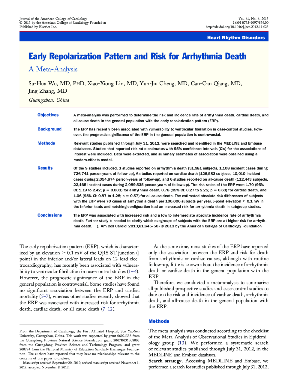 Early Repolarization Pattern and Risk for Arrhythmia Death : A Meta-Analysis