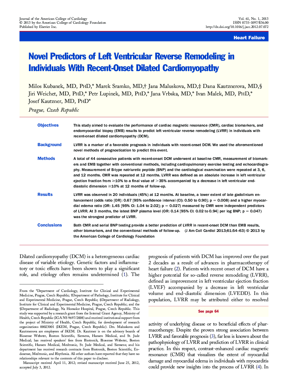 Novel Predictors of Left Ventricular Reverse Remodeling in Individuals With Recent-Onset Dilated Cardiomyopathy 