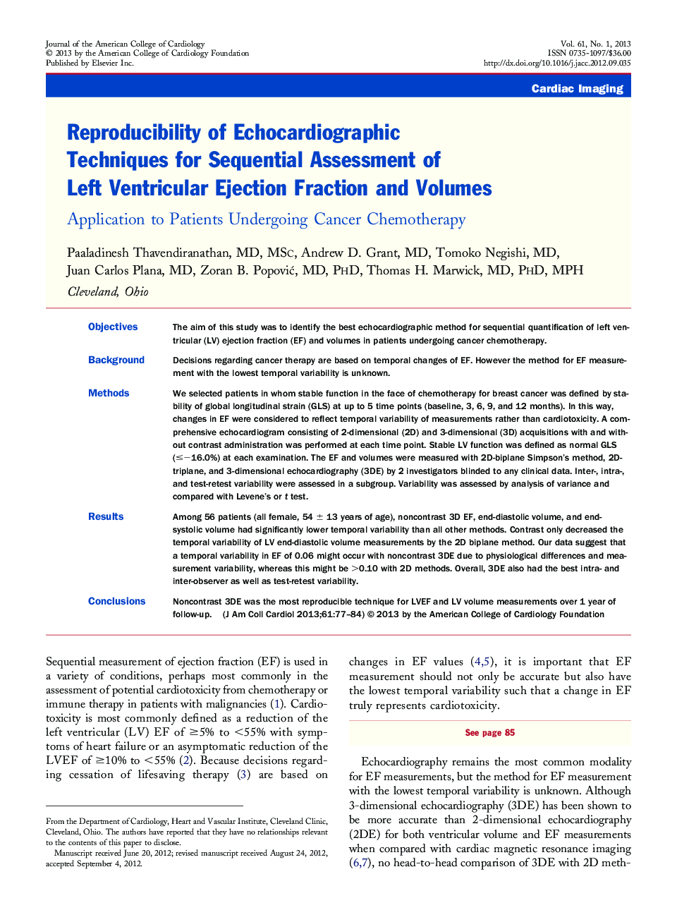 Reproducibility of Echocardiographic Techniques for Sequential Assessment of Left Ventricular Ejection Fraction and Volumes : Application to Patients Undergoing Cancer Chemotherapy