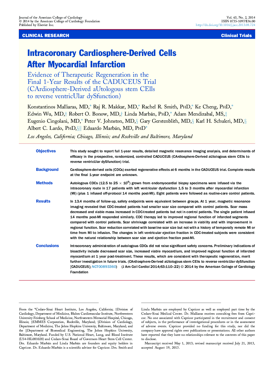 Intracoronary Cardiosphere-Derived Cells After Myocardial Infarction : Evidence of Therapeutic Regeneration in the Final 1-Year Results of the CADUCEUS Trial (CArdiosphere-Derived aUtologous stem CElls to reverse ventricUlar dySfunction)