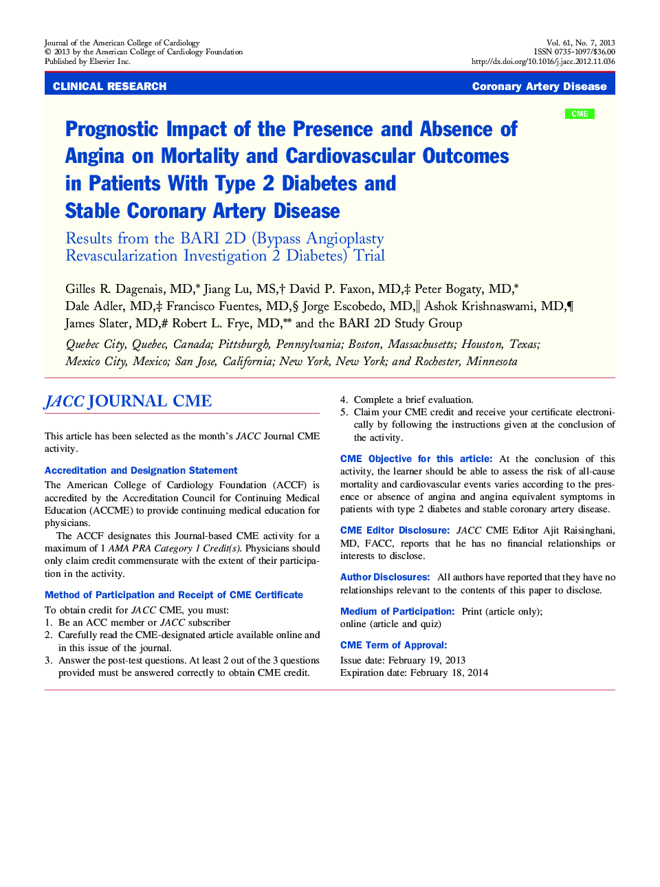 Prognostic Impact of the Presence and Absence of Angina on Mortality and Cardiovascular Outcomes in Patients With Type 2 Diabetes and Stable Coronary Artery Disease : Results from the BARI 2D (Bypass Angioplasty Revascularization Investigation 2 Diabetes)