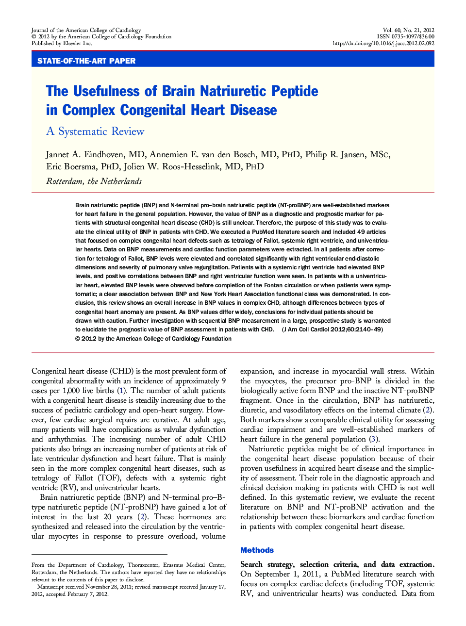 The Usefulness of Brain Natriuretic Peptide in Complex Congenital Heart Disease : A Systematic Review