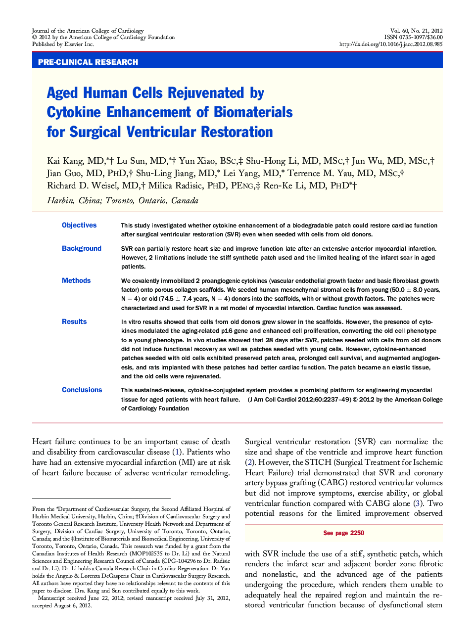 Aged Human Cells Rejuvenated by Cytokine Enhancement of Biomaterials for Surgical Ventricular Restoration 