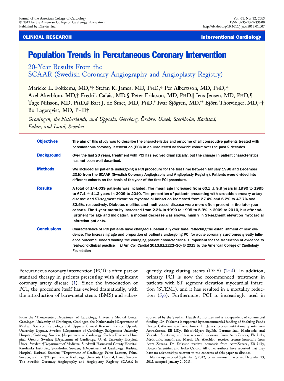 Population Trends in Percutaneous Coronary Intervention : 20-Year Results From the SCAAR (Swedish Coronary Angiography and Angioplasty Registry)