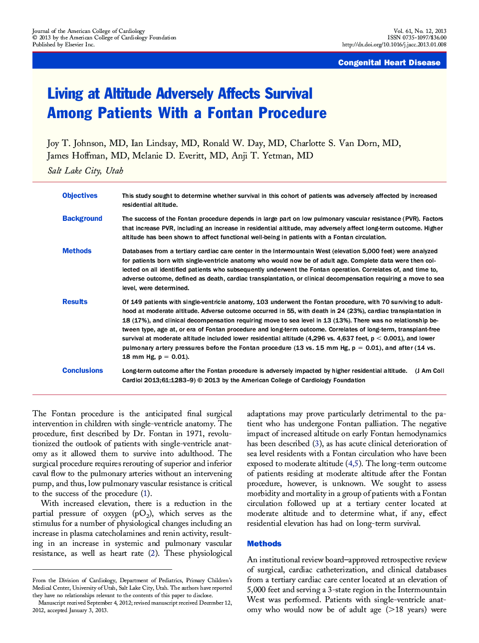 Living at Altitude Adversely Affects Survival Among Patients With a Fontan Procedure 