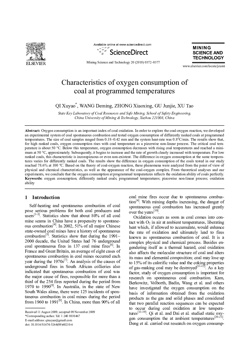 Characteristics of oxygen consumption of coal at programmed temperatures