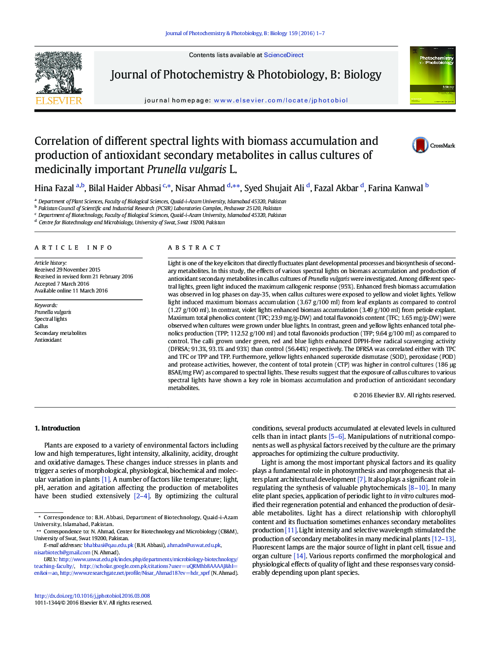 Correlation of different spectral lights with biomass accumulation and production of antioxidant secondary metabolites in callus cultures of medicinally important Prunella vulgaris L.