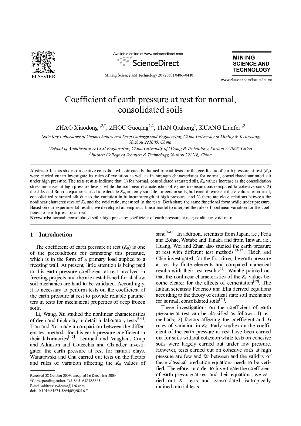 Coefficient of earth pressure at rest for normal, consolidated soils