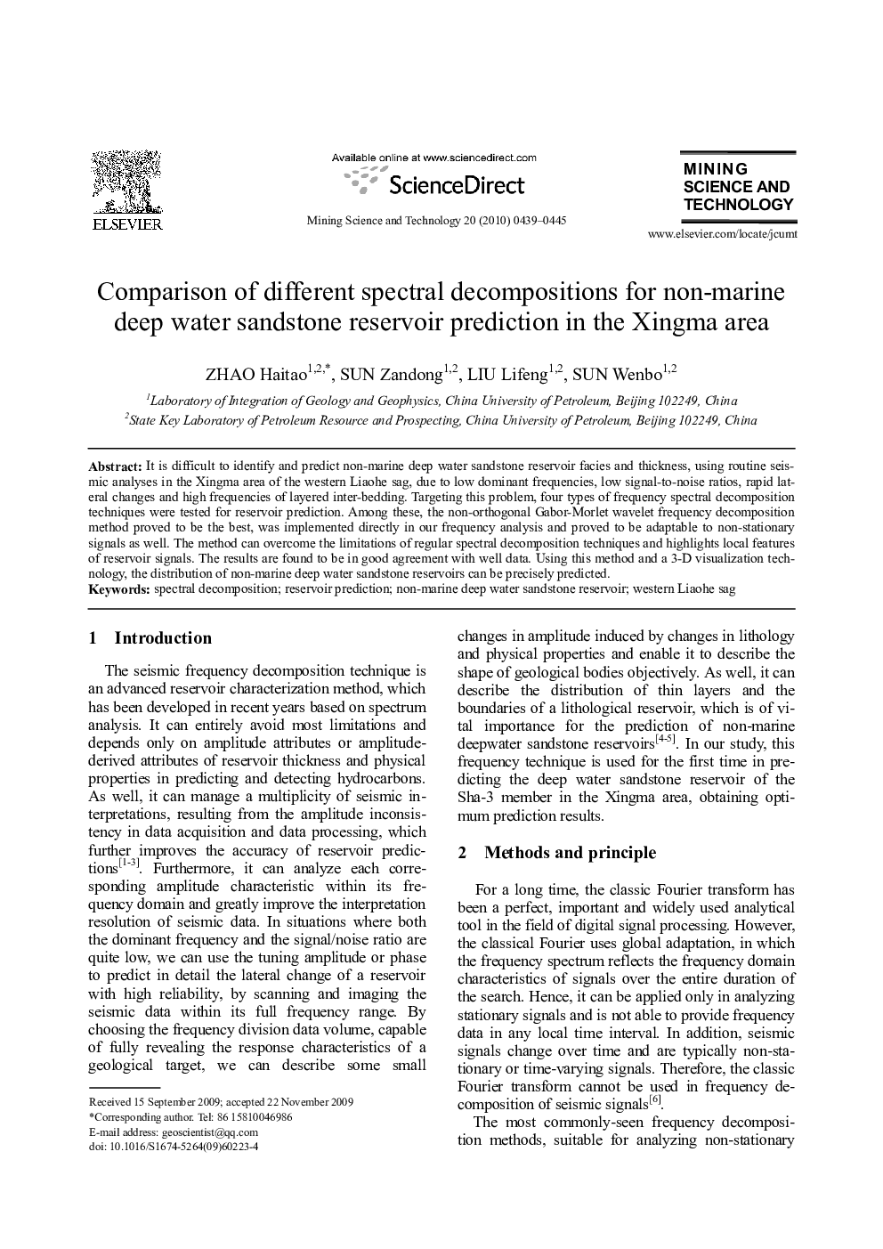 Comparison of different spectral decompositions for non-marine deep water sandstone reservoir prediction in the Xingma area