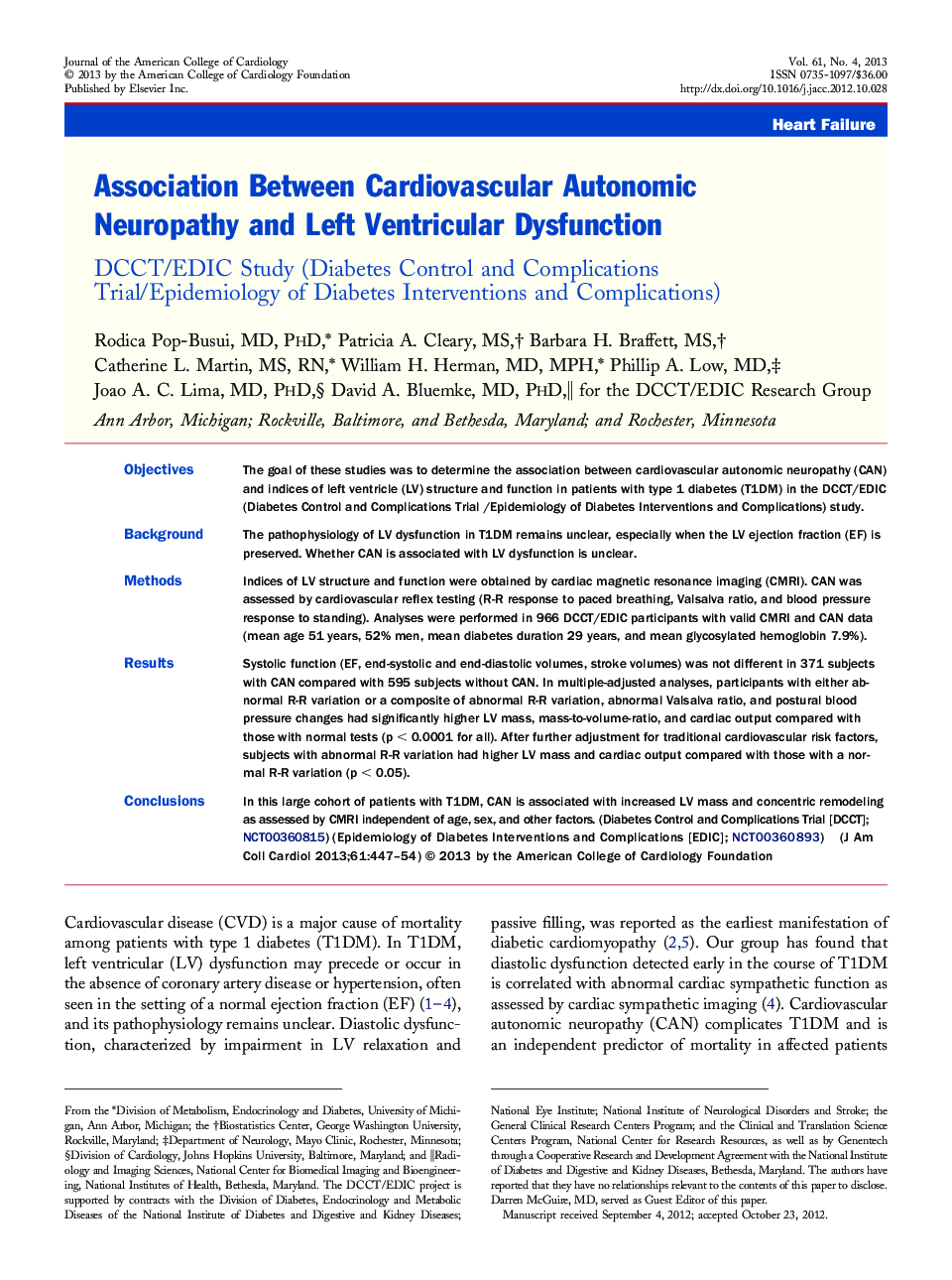 Association Between Cardiovascular Autonomic Neuropathy and Left Ventricular Dysfunction : DCCT/EDIC Study (Diabetes Control and Complications Trial/Epidemiology of Diabetes Interventions and Complications)