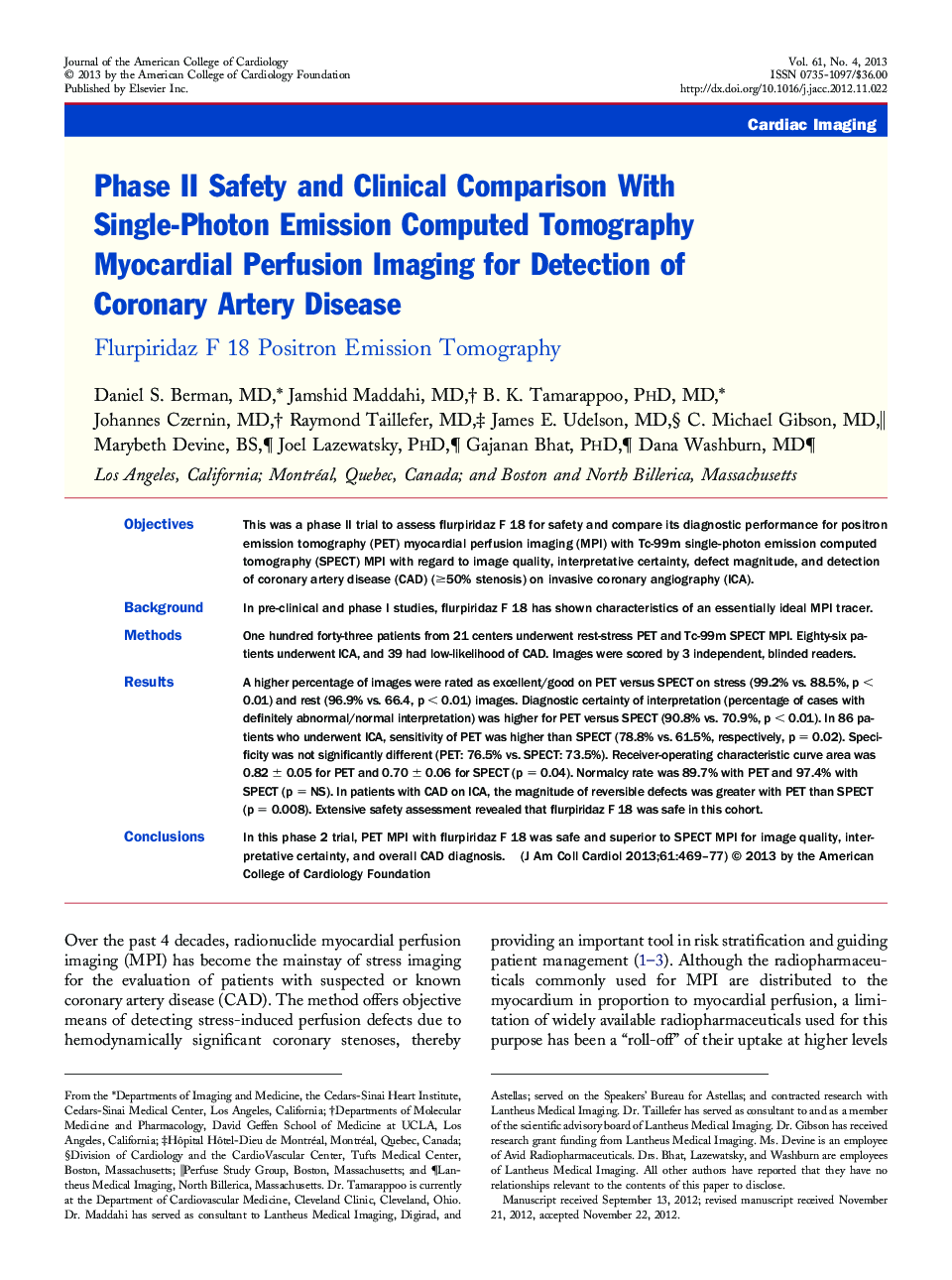 Phase II Safety and Clinical Comparison With Single-Photon Emission Computed Tomography Myocardial Perfusion Imaging for Detection of Coronary Artery Disease : Flurpiridaz F 18 Positron Emission Tomography