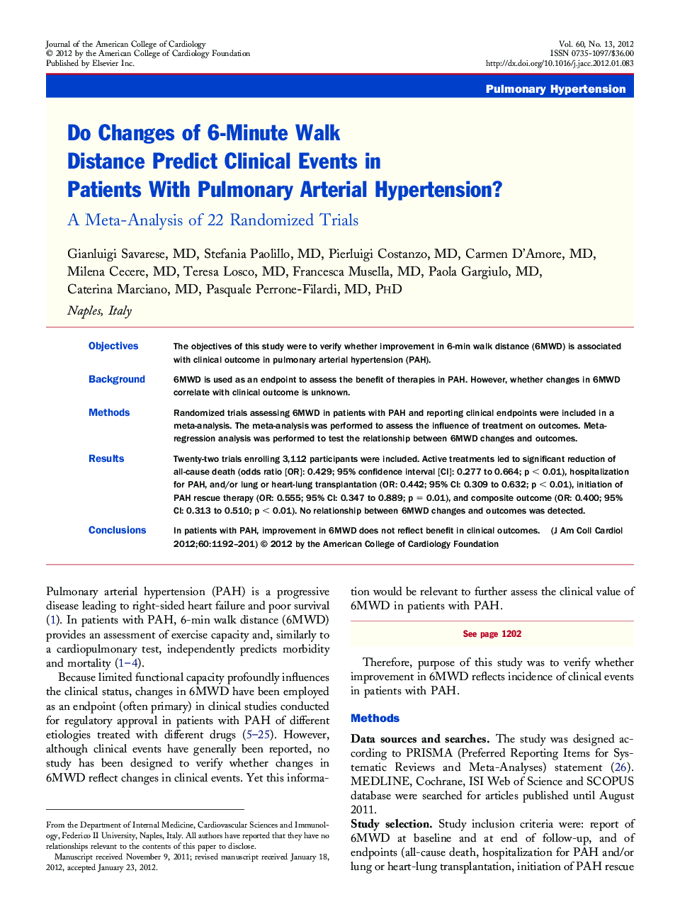 Do Changes of 6-Minute Walk Distance Predict Clinical Events in Patients With Pulmonary Arterial Hypertension? : A Meta-Analysis of 22 Randomized Trials