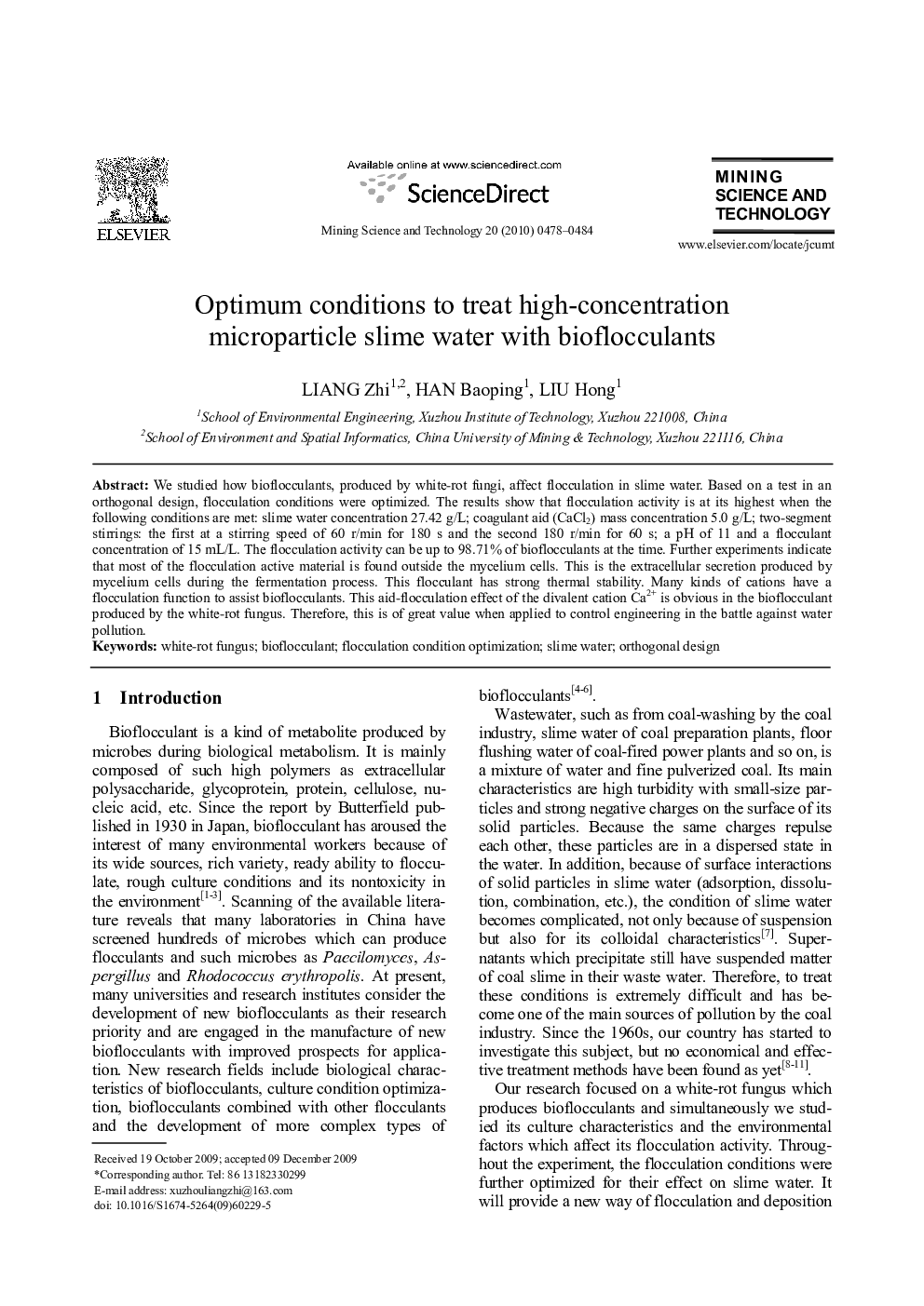 Optimum conditions to treat high-concentration microparticle slime water with bioflocculants