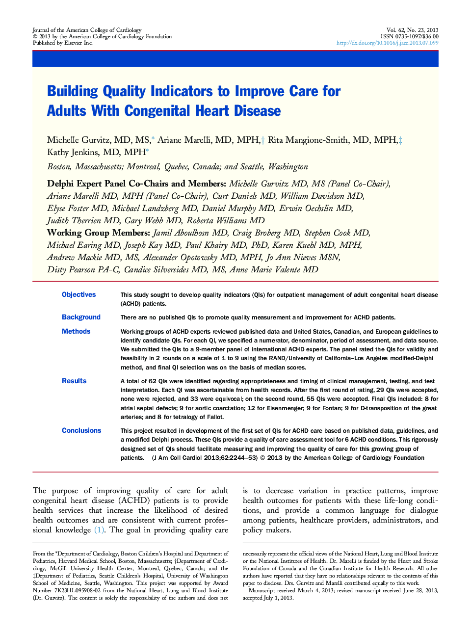 Building Quality Indicators to Improve Care for Adults With Congenital Heart Disease 