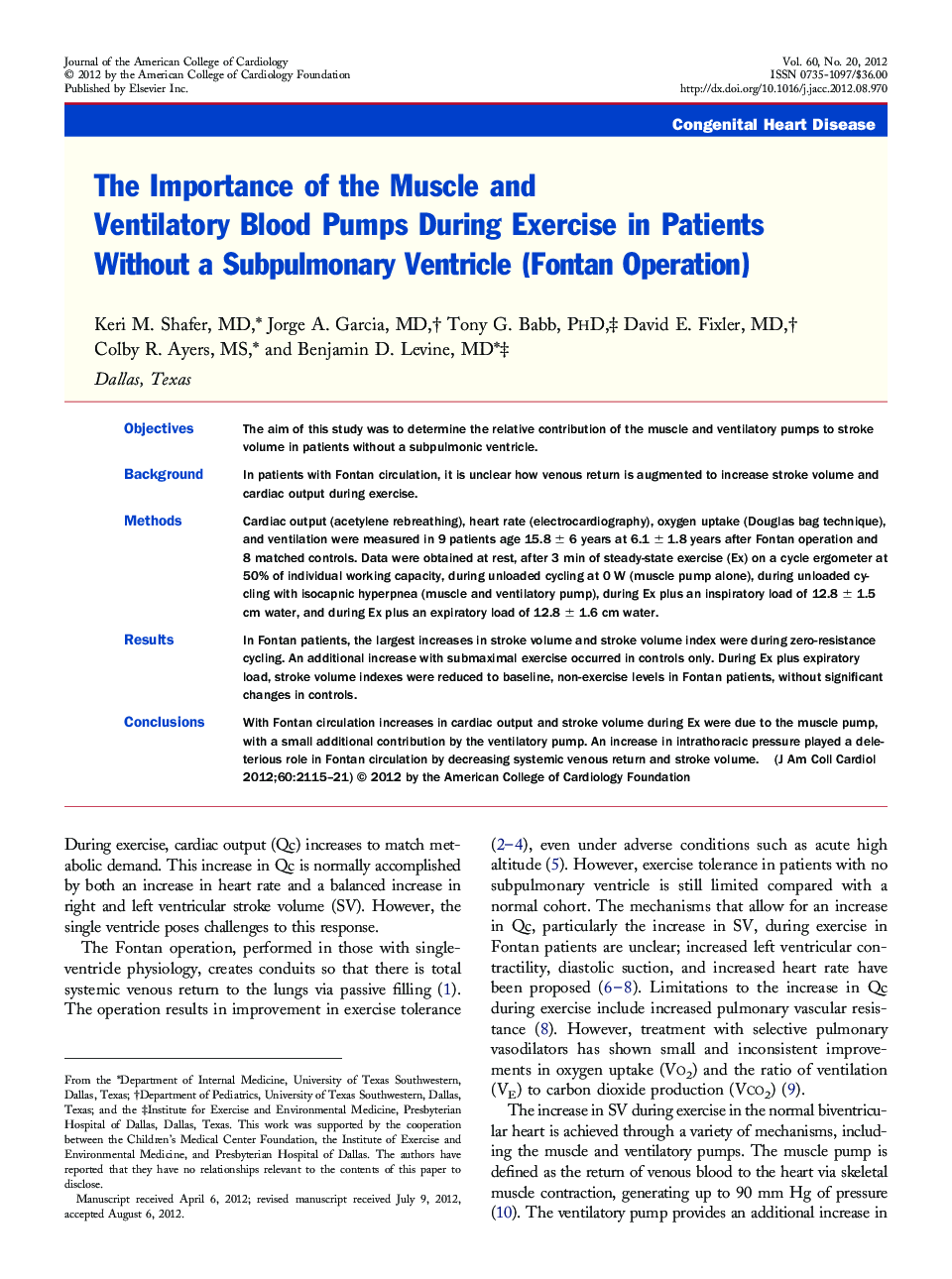 The Importance of the Muscle and Ventilatory Blood Pumps During Exercise in Patients Without a Subpulmonary Ventricle (Fontan Operation) 