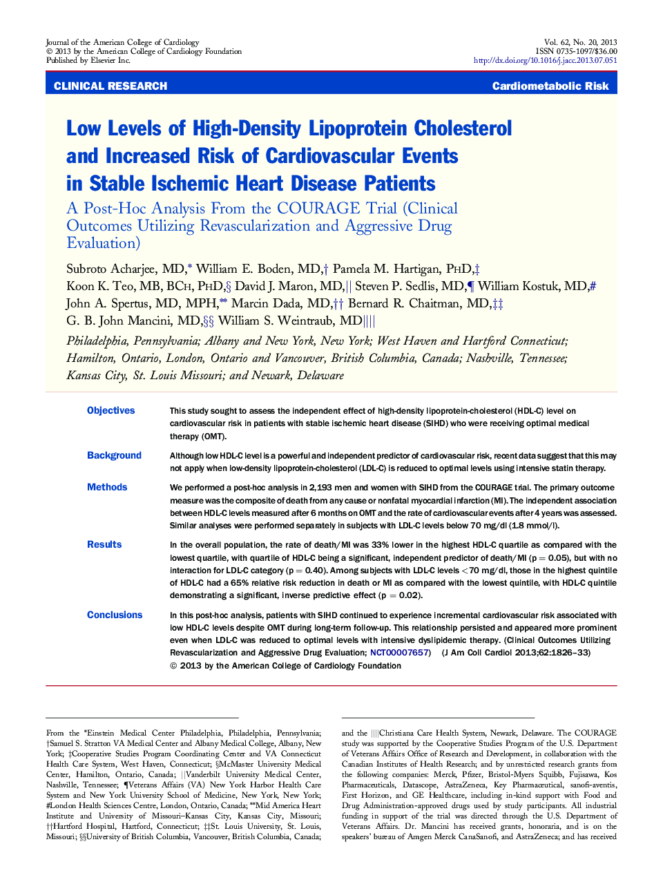 Low Levels of High-Density Lipoprotein Cholesterol and Increased Risk of Cardiovascular Events in Stable Ischemic Heart Disease Patients : A Post-Hoc Analysis From the COURAGE Trial (Clinical Outcomes Utilizing Revascularization and Aggressive Drug Evalua