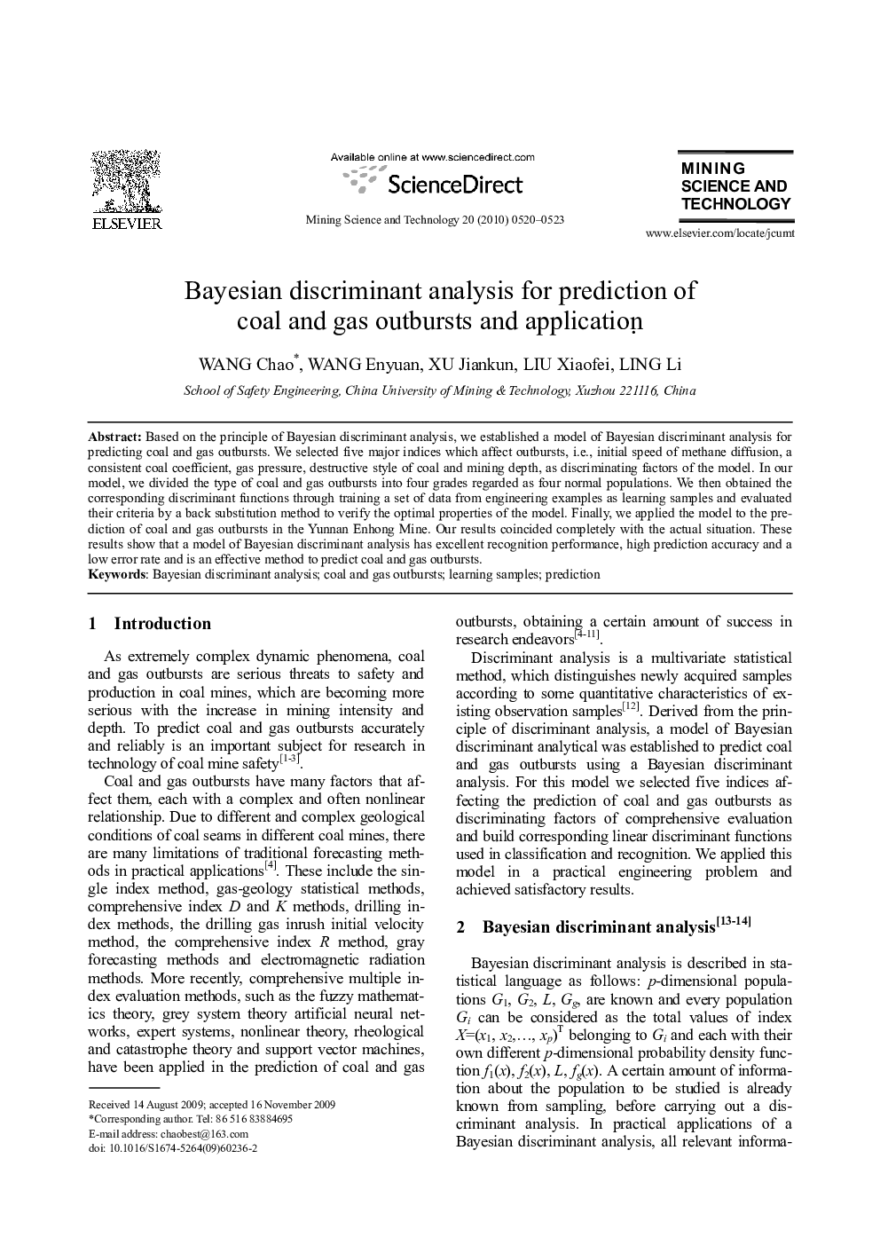 Bayesian discriminant analysis for prediction of coal and gas outbursts and applicatio