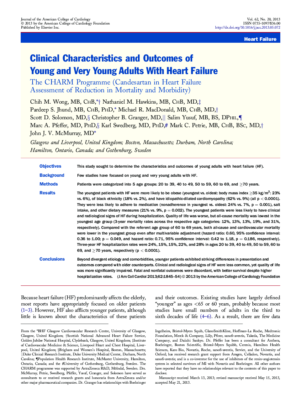 Clinical Characteristics and Outcomes of Young and Very Young Adults With Heart Failure : The CHARM Programme (Candesartan in Heart Failure Assessment of Reduction in Mortality and Morbidity)