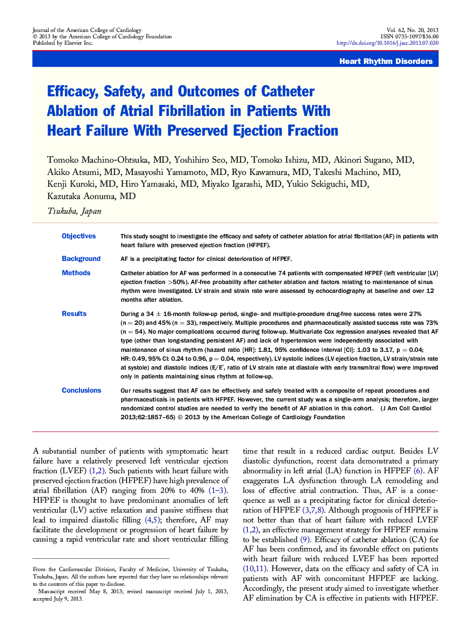 Efficacy, Safety, and Outcomes of Catheter Ablation of Atrial Fibrillation in Patients With Heart Failure With Preserved Ejection Fraction 