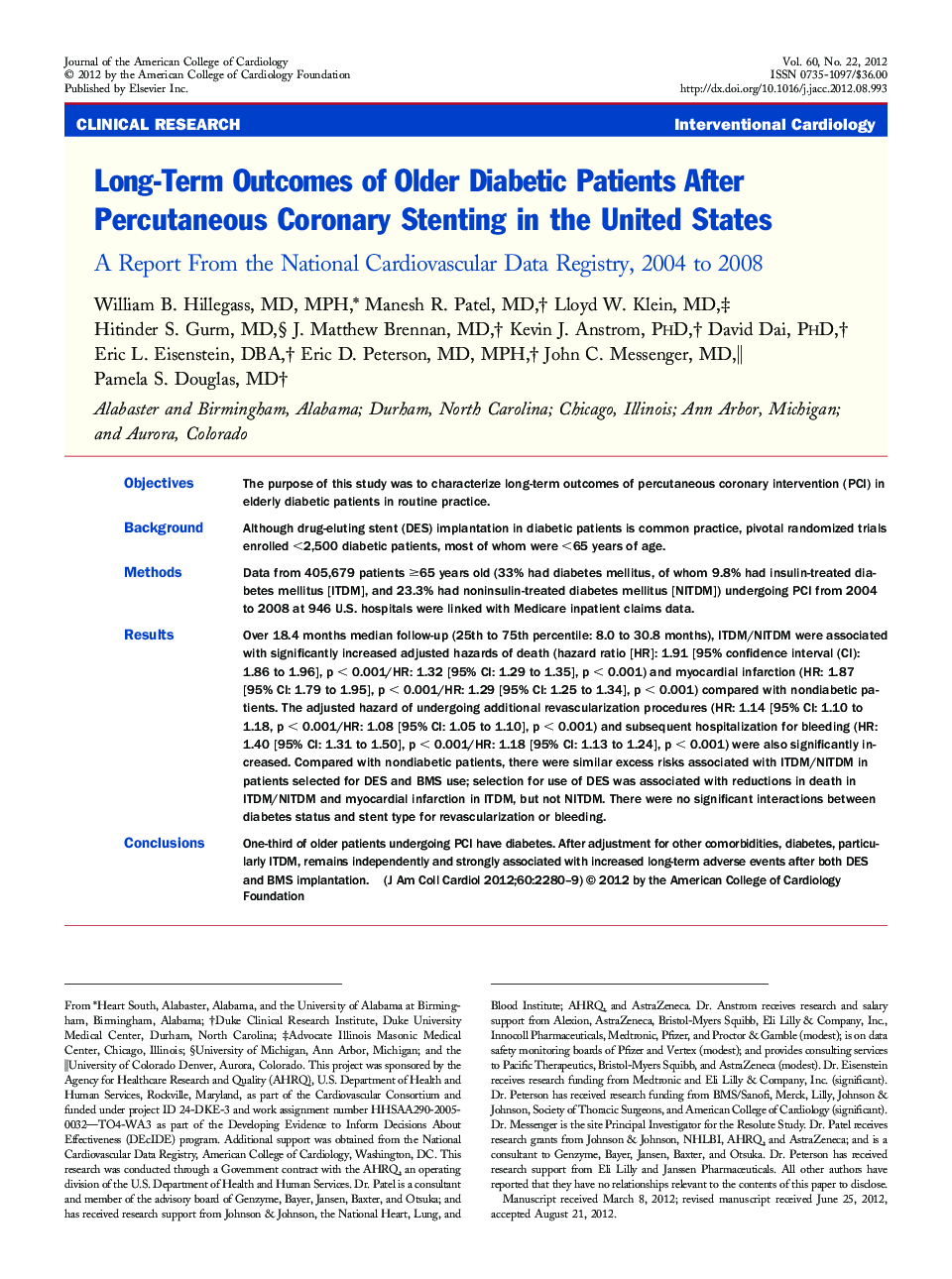 Long-Term Outcomes of Older Diabetic Patients After Percutaneous Coronary Stenting in the United States : A Report From the National Cardiovascular Data Registry, 2004 to 2008