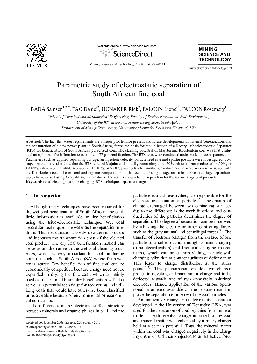 Parametric study of electrostatic separation of South African fine coal