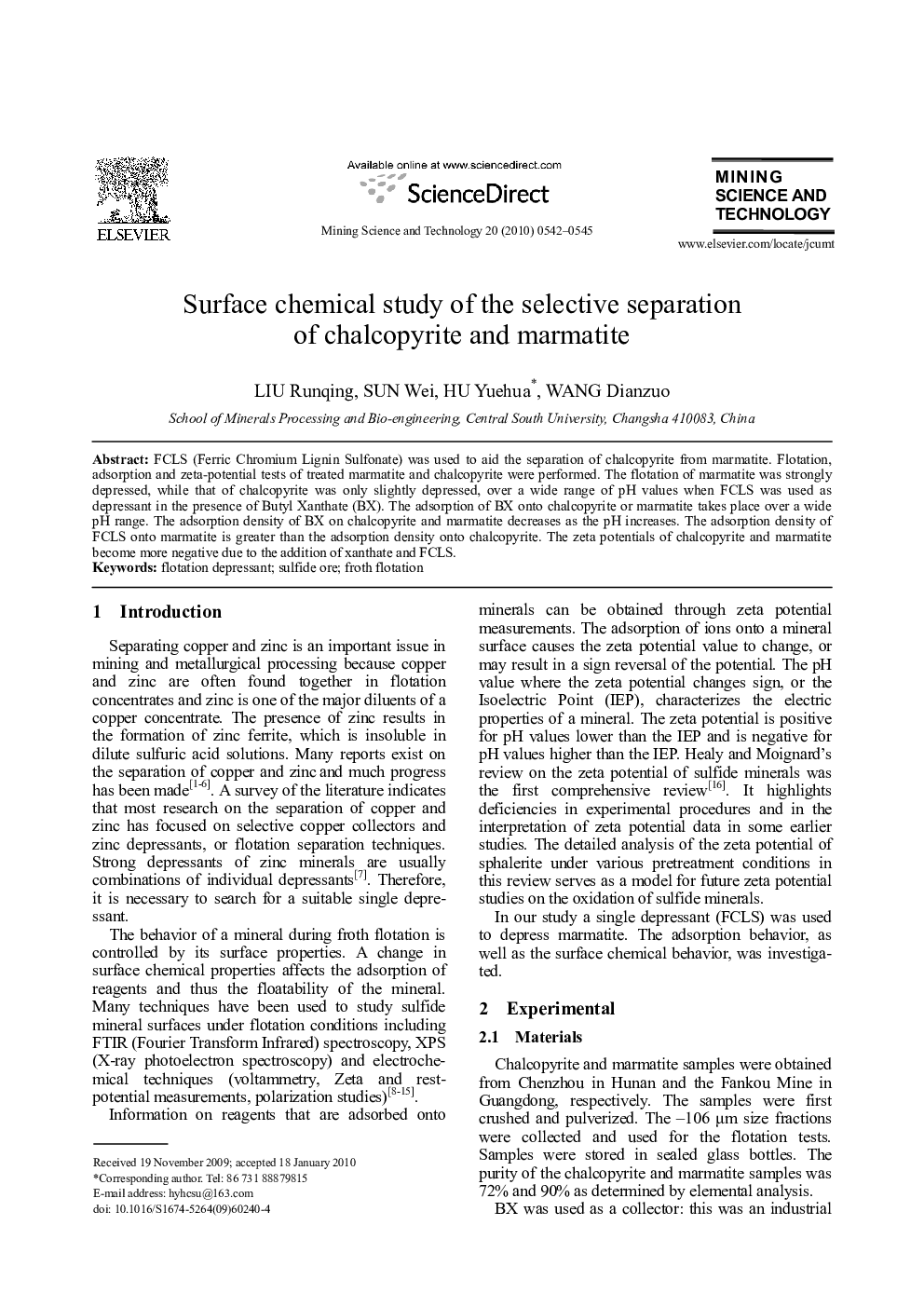 Surface chemical study of the selective separation of chalcopyrite and marmatite