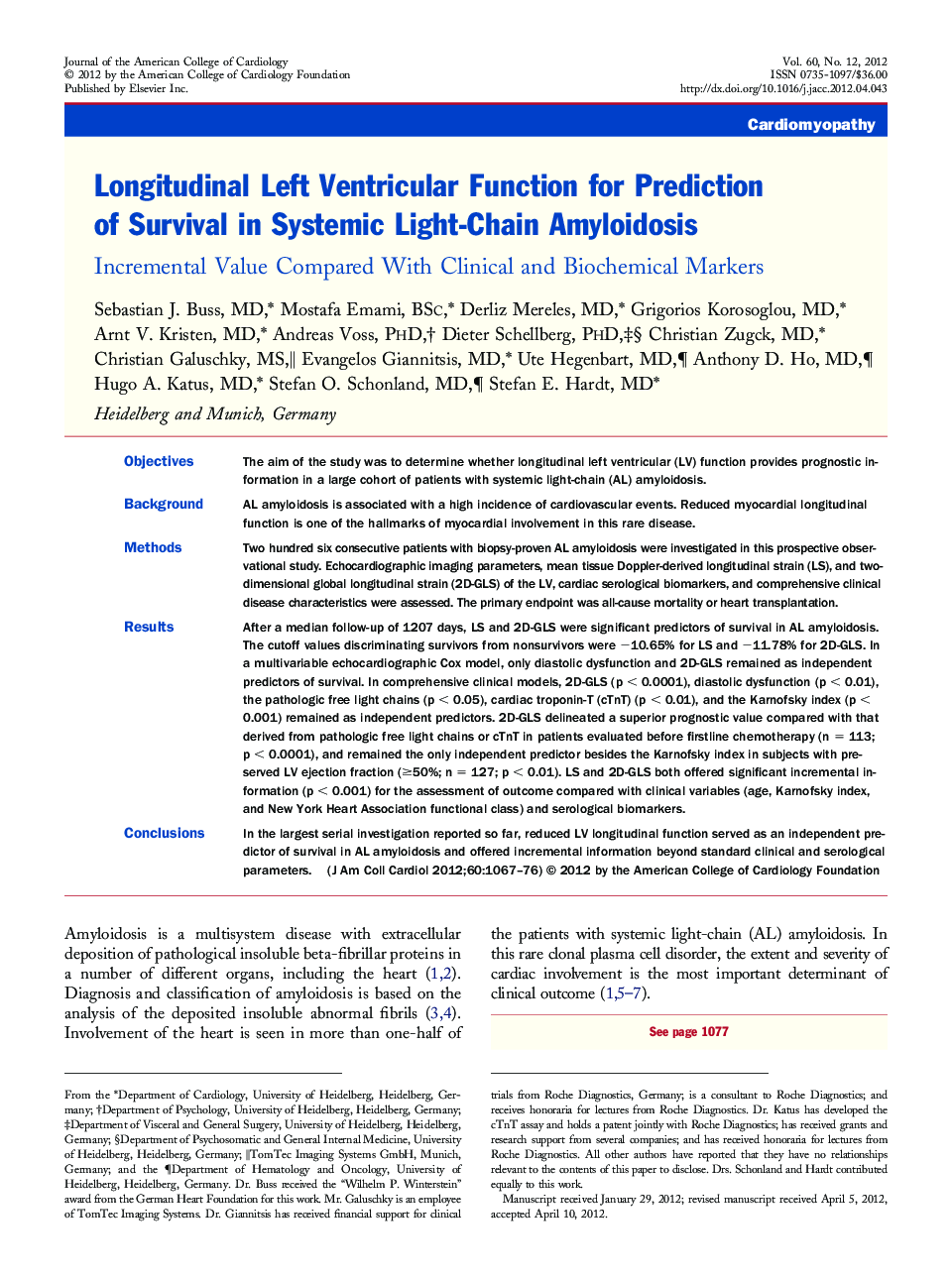 Longitudinal Left Ventricular Function for Prediction of Survival in Systemic Light-Chain Amyloidosis : Incremental Value Compared With Clinical and Biochemical Markers