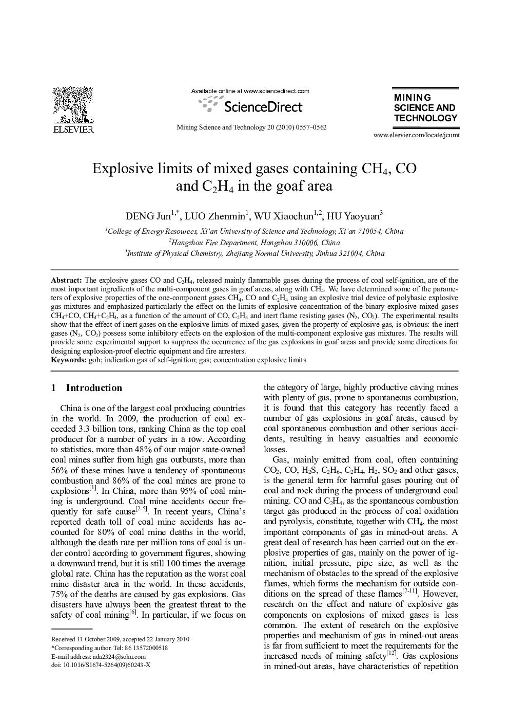 Explosive limits of mixed gases containing CH4, CO and C2H4 in the goaf area