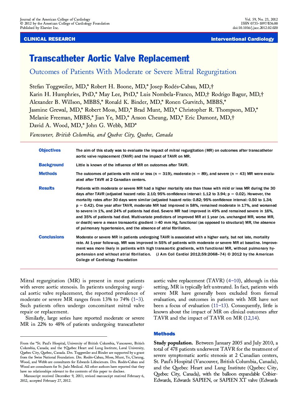 Transcatheter Aortic Valve Replacement : Outcomes of Patients With Moderate or Severe Mitral Regurgitation