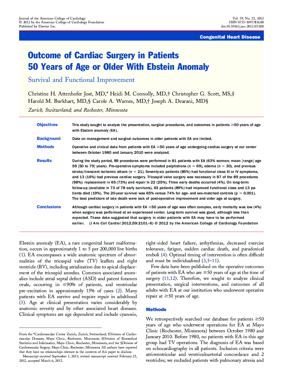 Outcome of Cardiac Surgery in Patients 50 Years of Age or Older With Ebstein Anomaly : Survival and Functional Improvement