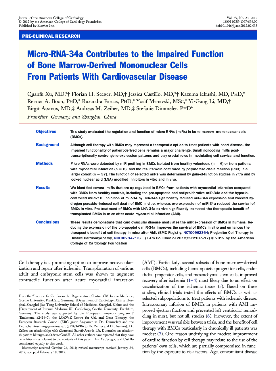 Micro-RNA-34a Contributes to the Impaired Function of Bone Marrow-Derived Mononuclear Cells From Patients With Cardiovascular Disease 