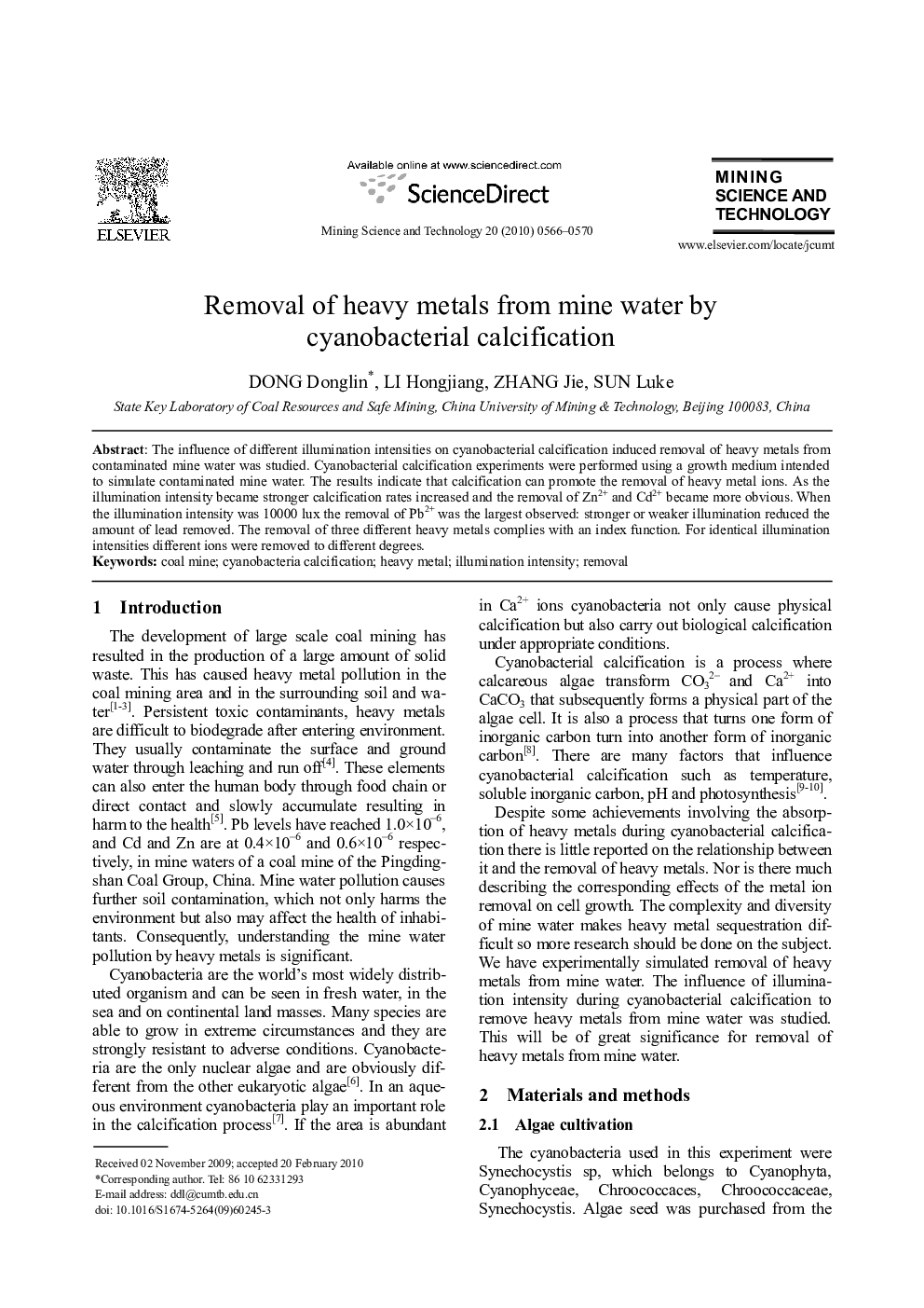 Removal of heavy metals from mine water by cyanobacterial calcification