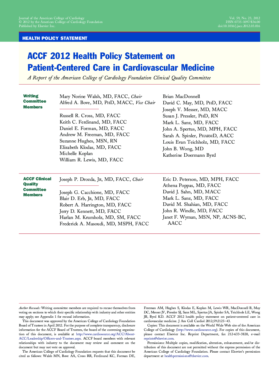 ACCF 2012 Health Policy Statement on Patient-Centered Care in Cardiovascular Medicine