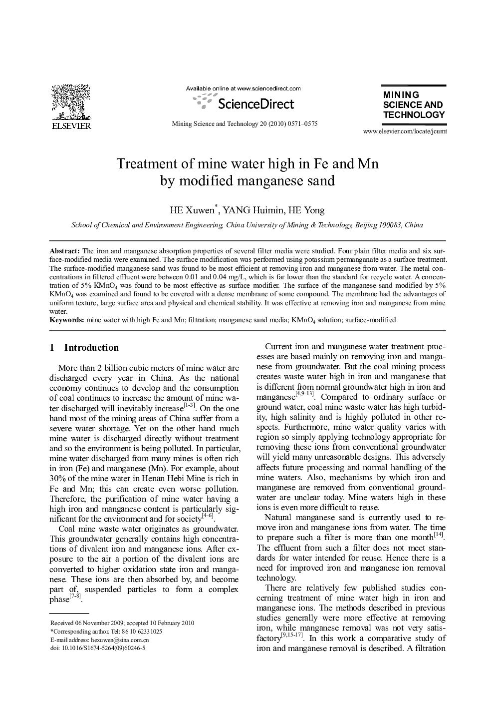 Treatment of mine water high in Fe and Mn by modified manganese sand