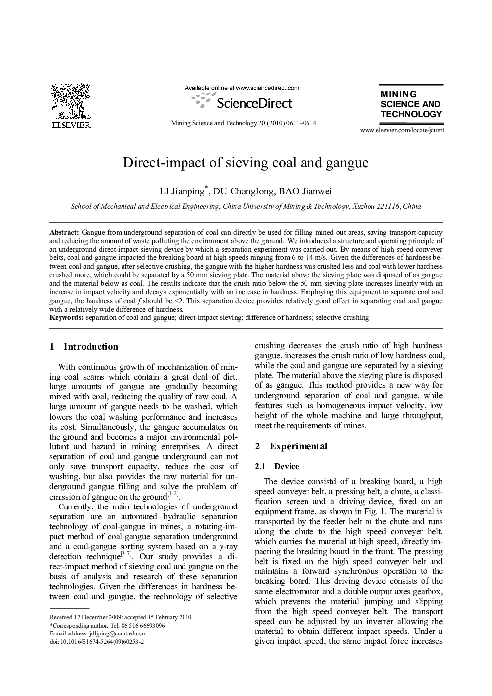 Direct-impact of sieving coal and gangue