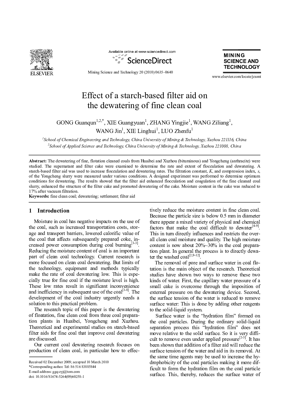 Effect of a starch-based filter aid on the dewatering of fine clean coal