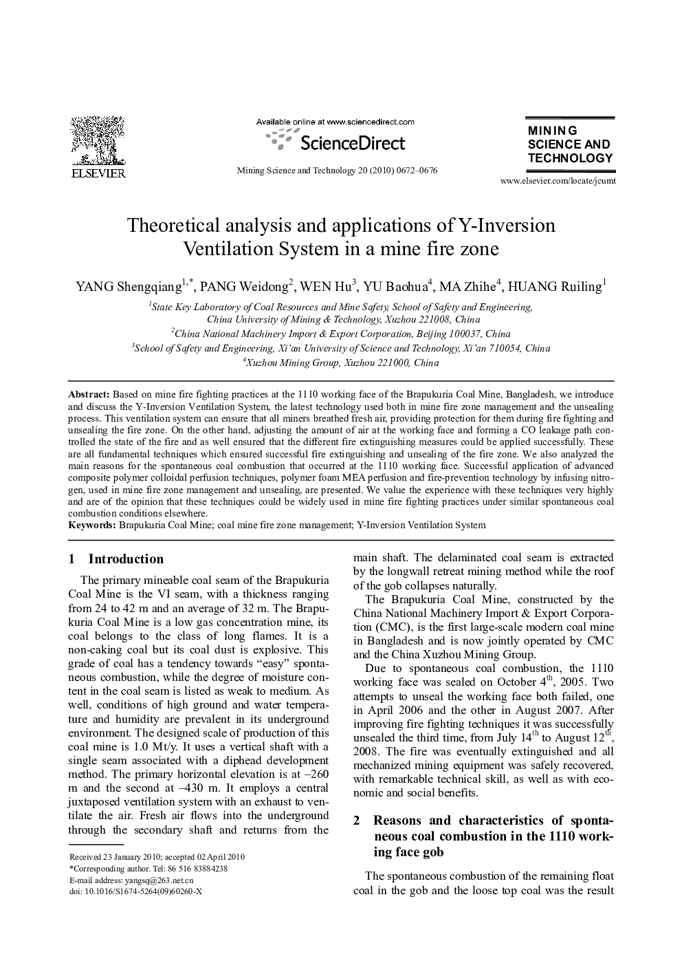 Theoretical analysis and applications of Y-Inversion Ventilation System in a mine fire zone