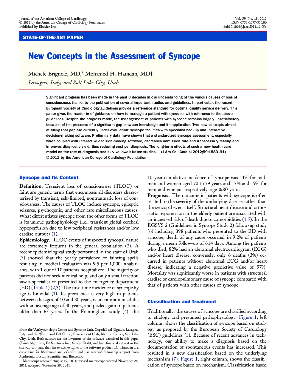 New Concepts in the Assessment of Syncope 