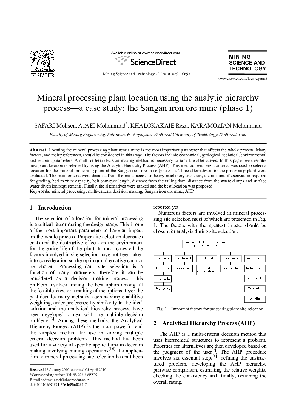 Mineral processing plant location using the analytic hierarchy process—a case study: the Sangan iron ore mine (phase 1)