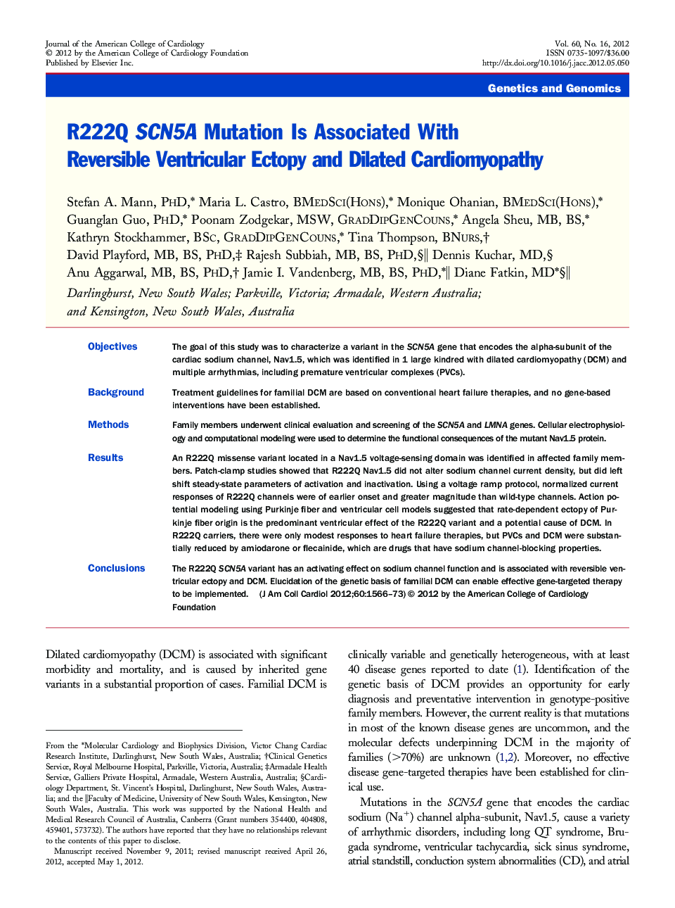 R222Q SCN5A Mutation Is Associated With Reversible Ventricular Ectopy and Dilated Cardiomyopathy 