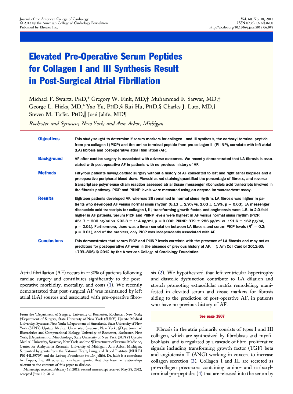 Elevated Pre-Operative Serum Peptides for Collagen I and III Synthesis Result in Post-Surgical Atrial Fibrillation 