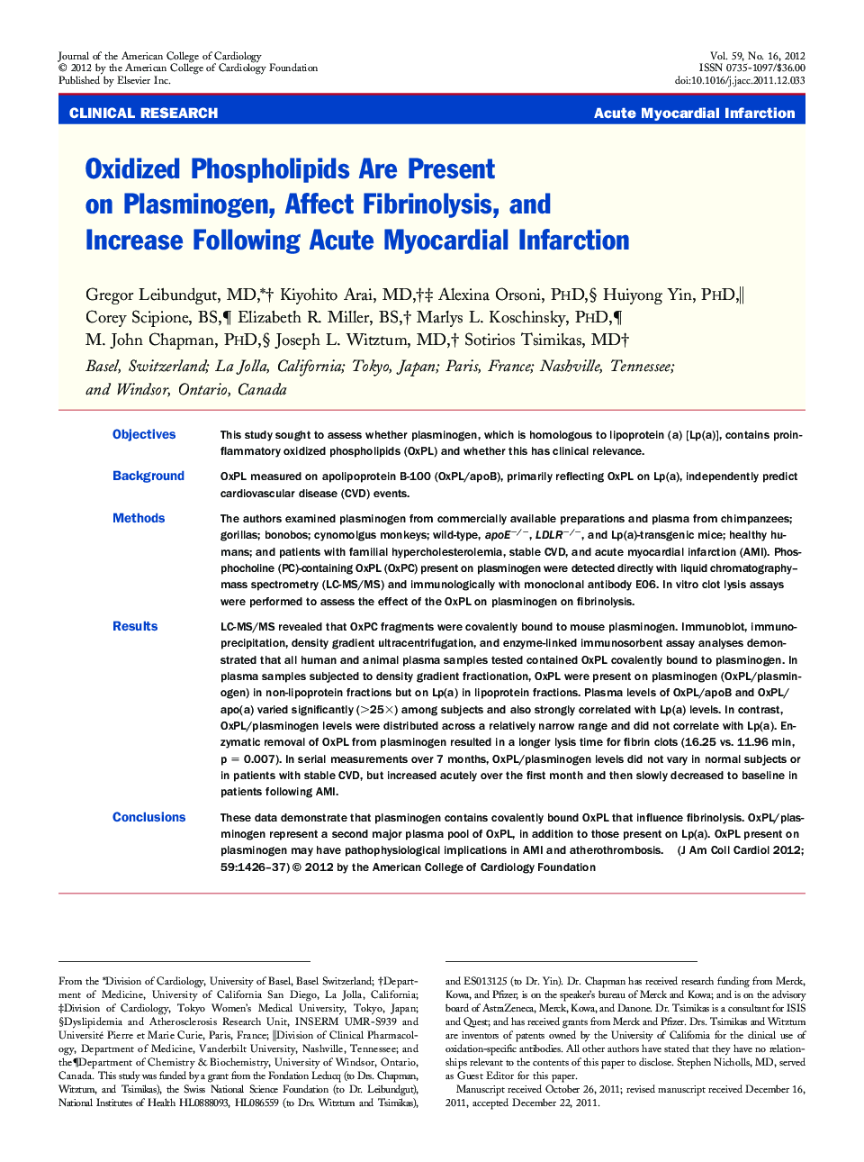 Oxidized Phospholipids Are Present on Plasminogen, Affect Fibrinolysis, and Increase Following Acute Myocardial Infarction 