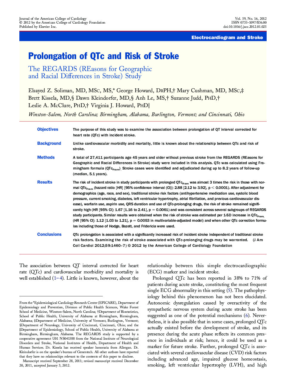 Prolongation of QTc and Risk of Stroke : The REGARDS (REasons for Geographic and Racial Differences in Stroke) Study