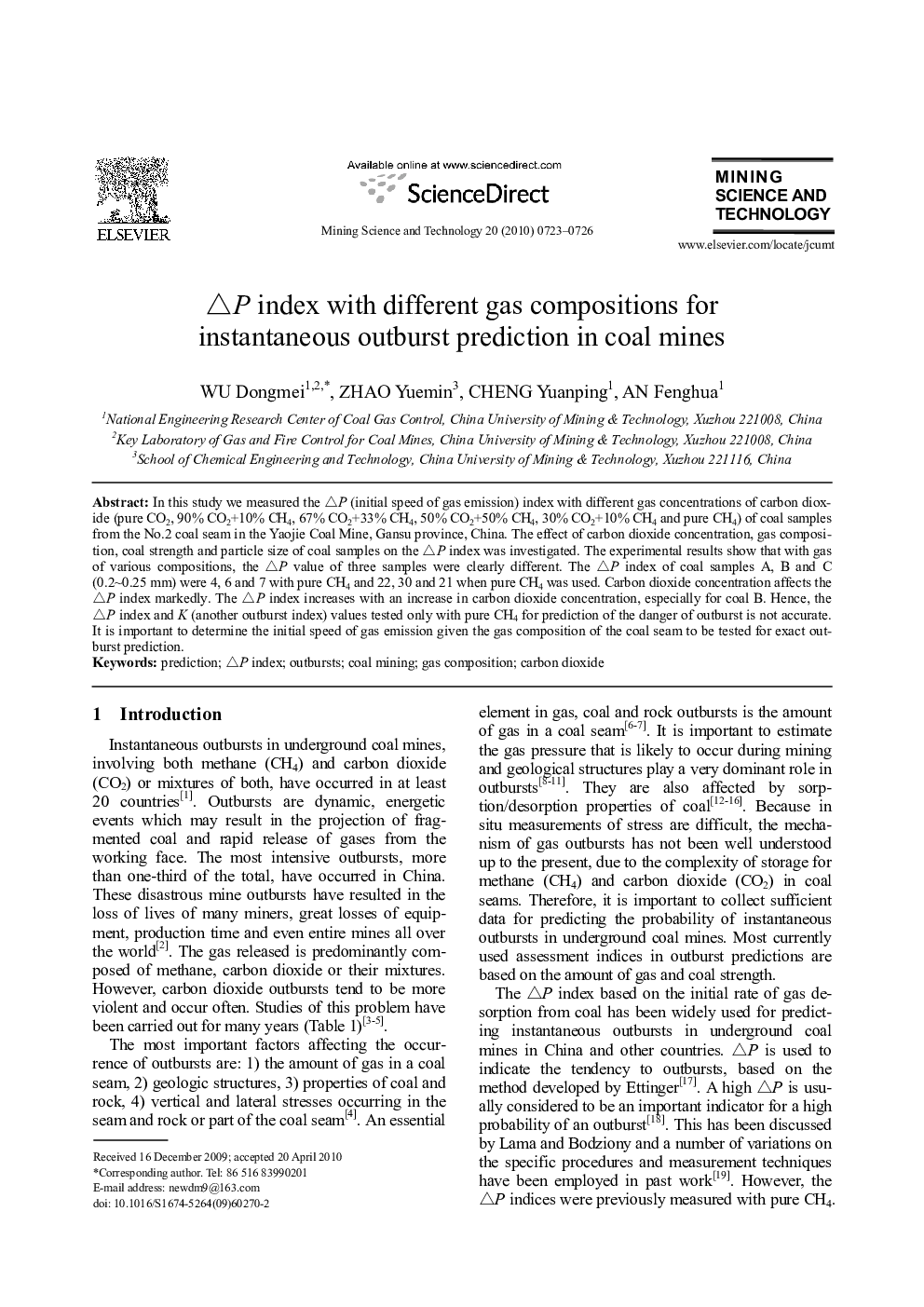 ΔP index with different gas compositions for instantaneous outburst prediction in coal mines