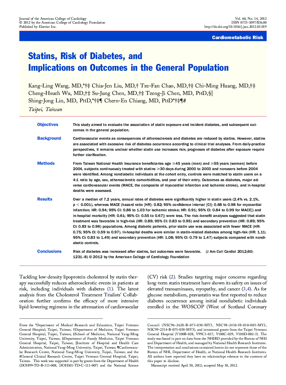 Statins, Risk of Diabetes, and Implications on Outcomes in the General Population 