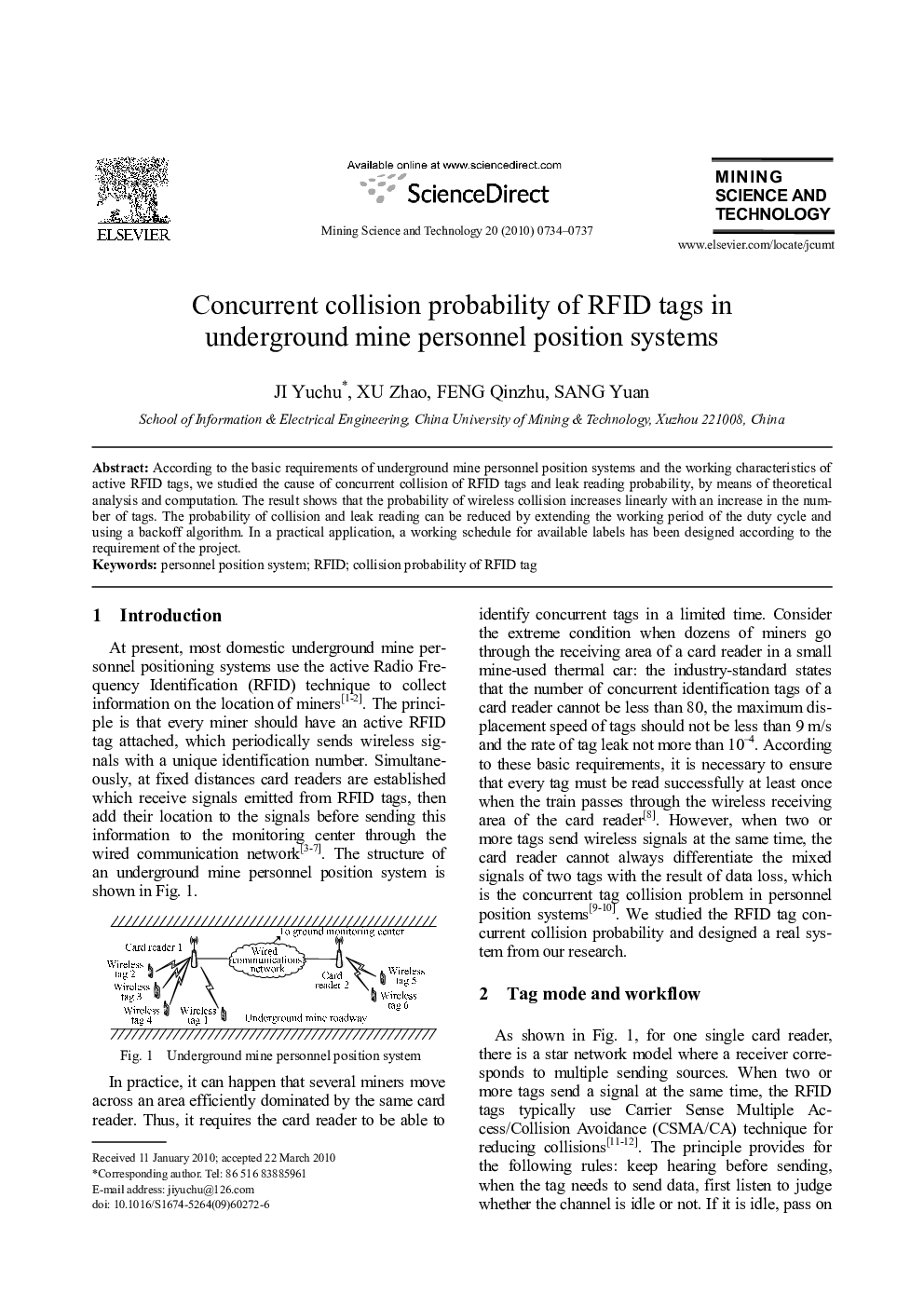 Concurrent collision probability of RFID tags in underground mine personnel position systems