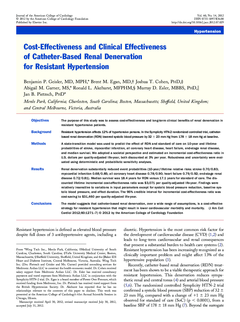 Cost-Effectiveness and Clinical Effectiveness of Catheter-Based Renal Denervation for Resistant Hypertension 